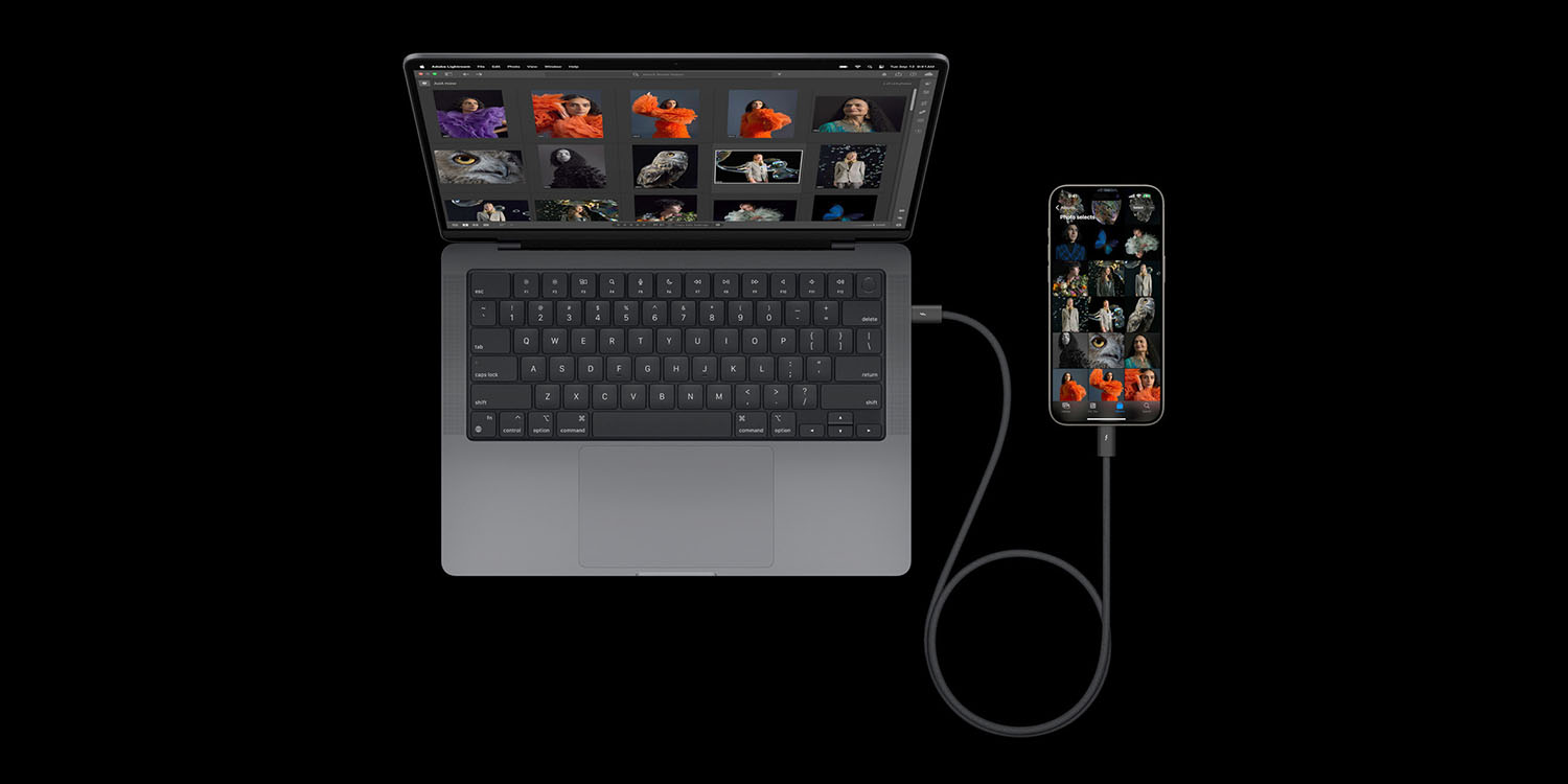 iPhone 15 USB-C port | iPhone 15 connected to MacBook